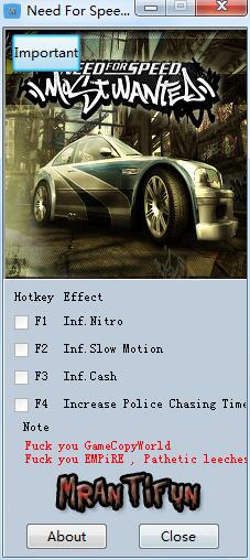 极品飞车17最高通缉四项修改器 v1.0 MrAntiFun版0